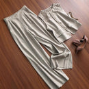 Breathable Linen Lace-Patchwork Sleeveless Vest Wide-Leg Pants Set For Women