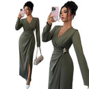AutumnWinter Solid Color Elegant V Neck Pleated Long Sleeve Dress