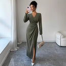 AutumnWinter Solid Color Elegant V Neck Pleated Long Sleeve Dress