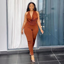 Women's Solid-Color Stretch Halterneck Casual Set