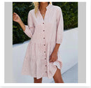 Plaid Printed Ruffle Dress V Neck Button Three-quarter Sleeves Dresses For Women Clothing