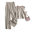 Breathable Linen Lace-Patchwork Sleeveless Vest Wide-Leg Pants Set For Women
