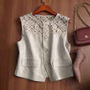 Breathable Linen Lace-Patchwork Sleeveless Vest Wide-Leg Pants Set For Women