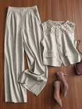 Breathable Linen Lace-Patchwork Sleeveless Vest Wide-Leg Pants Set For Women