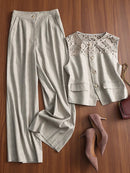Breathable Linen Lace-Patchwork Sleeveless Vest Wide-Leg Pants Set For Women