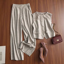 Breathable Linen Lace-Patchwork Sleeveless Vest Wide-Leg Pants Set For Women