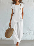 Womens Solid-Color Crew-Neck Buttoned Short-Sleeve Wide-Leg Pants Set