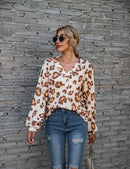 Leopard Print V-neck T-shirt Fashion Loose Long Sleeve Tops For Women Clothing