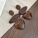 Handmade Maillard Aesthetic Earrings, Amber Resin Irregular Square Studs With Gold Tone Border, Retro Unique Button Jewelry, Gift For Her